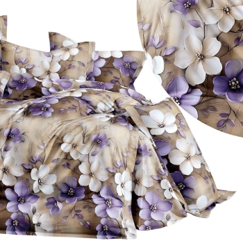 Pościel 160x200 bawełna satynowa biało fioletowe kwiaty PK727 z PRZEŚCIERADŁEM